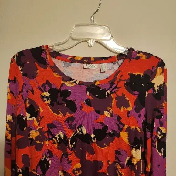 LOGO Lori Goldstein XS Orange Floral Long Sleeve Tunic - Picture 4 of 8